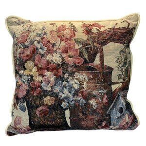 Vintage Spring Tapestry Throw Pillow With Floral & Rustic Design Watering Can